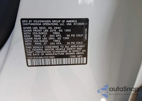 2020 Volkswagen Atlas Cross Sport 3.6L V6 Se W/Technology/3.6L V6 Se W/Technology R-Line из США, поврежденный, VIN 1V21E2CA8LC221000